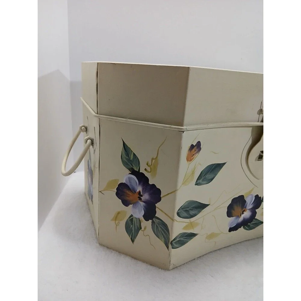 ​VINTAGE Hand Painted‎ Metal SEWING BOX CADDY Pansy Floral Trunk